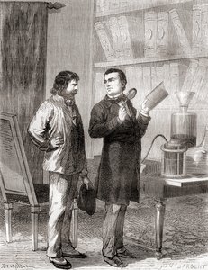 Moritz von Jacobi, til høyre, oppdager galvanoplast, eller elektrotyping i 1838, fra Les Merveilles de la Science, publisert ca. 1870 (gravering) av French School