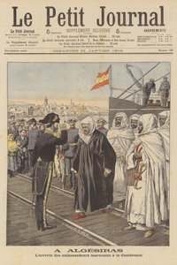 Marokkanske ambassadører ankommer Algeciras-konferansen i Spania (farge litho) av French School