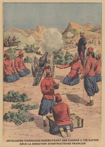 Marokkanske artillerister avfyrer hurtigskytende kanoner under veiledning av franske militærinstruktører (farge litho) av French School