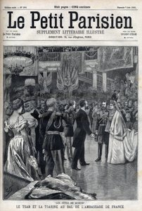 Moscow celebrations: Tsar Nicholas II of Russia (1868 -1918) and Tsarina Alexandra Fiodorovna Romanova (1872-1918) at the Ball of the French Embassy, in " Le petit Parisien”” av French School