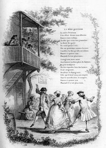 Mor Bontems (Bontemps). Dans av unge par i en landsby med musikere på balkongen. Gravering i "" Chants et chansons populaire de la France", Tome 2 av French School