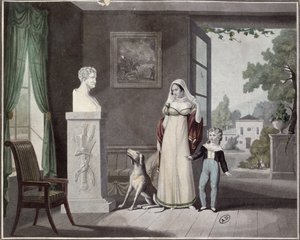 Mor og sønn gråter før bysten av en død soldat, tidlig på 1800-tallet av French School