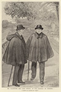 Mr Gladstone og Lord Rendel på Chateau de Thorenc (litho) av French School