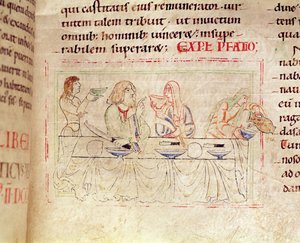 Ms.1215 t.3 fol.158v, Måltid med Judith og Holofernes, fra Bibelen til Etienne Harding, 1109