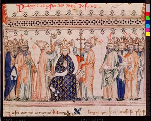 Ms.1469 f.1 Innvielsen av Filip III den dristige (1245-85) konge av Frankrike, fra Grandes Chroniques de France, 1375-79 av French School