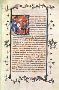 Ms.239 fol.1 Side med en historisk initial som viser en sittende mann foran lykkehjulet, fra 