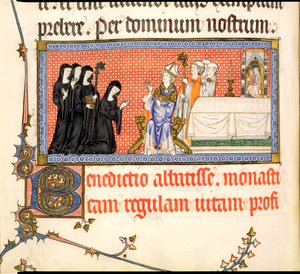 Ms.298 f82v The Presentation of an Abbedisse, fra Metz Pontifical, skrevet for Raymond Bar, Bishop of Metz, 1302-16 av French School