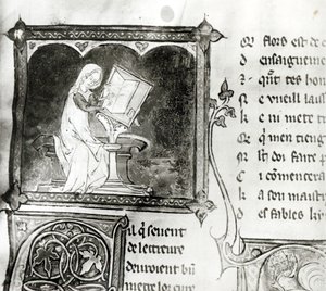 Ms.3142 fol.256 Marie de France (fl. 1100-tallet) skrift, fra en antologi med franske dikt, ca. 1280-90 (detalj) av French School