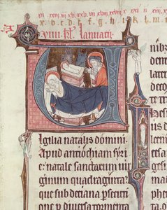 Ms.838 fol.55 Historiske initialer U og I som viser fødselen og spedbarnet Kristus, fra Obituaire de Notre Dame de Pres, etter 1270 (se også 155905) av French School