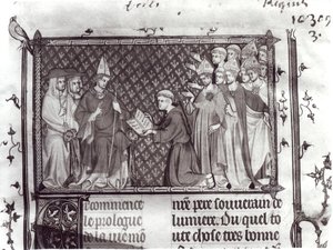 Frk. Fr. 5716 f.2 Jean dAntioch før Martin IV, fra Life and Miracles of St. Louis, ca. 1330-40 av French School