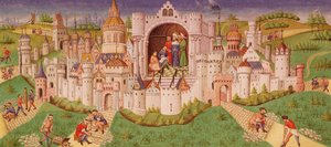 Ms. 0242 f.48v Utsikt over en by med arbeidere som asfalterer veier som fører opp til byportene med brostein mens kongen står i et kammer og dikterer til to skriftlærde av French School