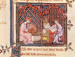 Ms 1044 Fol.16v Ordet, verdens skaper og forfatteren som skriver sin bok, fra Ovide Moralise skrevet av Chretien Legouais av French School