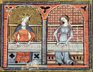 Ms 1044 fol.89v Women Weaving, fra Ovide Moralise skrevet av Chretien Legouais av French School