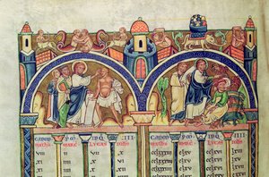 Ms 10 f.128v Evangelistenes kanon, detalj som viser Kristus som helbreder mannen med vatter og driver ut demoner fra en besatt mann, fra en latinsk bibel av French School