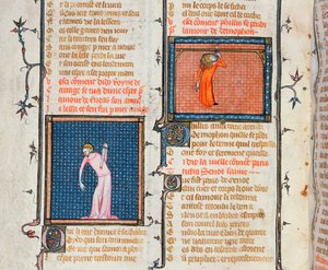 Ms 1126 The Suicide of Dido by the sverd og Phyllis selvmord ved å henge, fra Le Roman de la Rose av Guillaume de Loris og Jean de Meung, ca. 1360-70 av French School