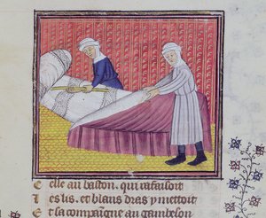 Ms 1130 fol.83r Chastity and Poverty lage en seng, fra Le Roman des Trois Pelerinages av Guillaume de Digulleville av French School