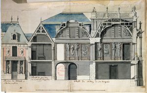 Ms 130736 Tverrsnitt av en fløy av Chateau de Versailles konstruert av Louis Le Vau ((1612-70) (wc på papir) av French School