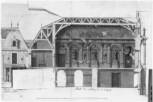 Ms 130736 Sør-nord tverrsnitt av Grand Salon og Salle de Diane i Chateau de Versailles konstruert av Louis Le Vau ((1612-70) (wc på papir) av French School