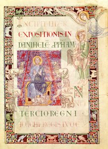 Ms 132 f.2v Daniel i løvehulen matet av Habakkuk, fra Explanatio i Prophetas et Ecclesiasten av St. Jerome av French School