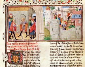 Ms 149 t.1 fol.16 En avtale og bygging av et slott, fra Histoire des Nobles Princes de Hainaut, av Jacques de Guise av French School