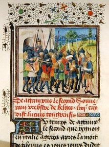 Ms 149 t.1 fol. 45 En hær på felttog, fra Histoire des Nobles Princes de Hainaut, av Jacques de Guise av French School