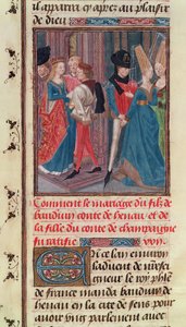 Ms 149 t.3 fol.105 Ekteskap av Baldwin VI og Marie, datter av greven av Champagne, fra Histoire des Nobles Princes de Hainaut, av Jacques de Guise av French School