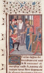 Ms 149 t.3 fol.95v Utnevnelse av to riddere, fra Histoire des Nobles Princes de Hainaut, av Jacques de Guise av French School