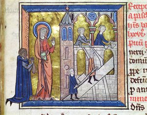 Ms 16261 f.20 Bygging av klosteret, fra Censier de lAbbaye Sainte-Genevieve, 1270 av French School