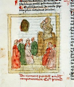 Ms 1733 lærer som instruerer elever (vellum) av French School
