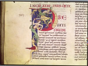 Ms 173 Historikert initial P som viser kentaurer, drager og monstre, fra Moralia in Job av pave Gregor den store av French School