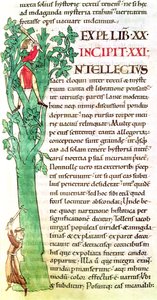 Ms 173 f.41 Historikert initial I som viser en munk og en lekmann som hogger og beskjærer et tre, fra Moralia in Job av pave Gregor den store av French School