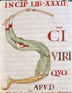 Ms 173 fol.148r Historikert initial S som viser en mann som tresker, fra Moralia in Job av pave Gregor den store av French School