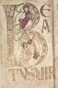 Ms 18 f.1v Historikert initial B som viser St. Johannes evangelisten og en engel, fra Psalter of Corbie av French School