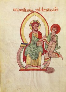 Ms. 1 Fol 111v Saint John løper for å motta evangeliet fra Kristus, sittende i en mandorla, miniatyr fra Evangeliet til Saint-Michel-de-Cuxa, ca. 1070-1130 av French School