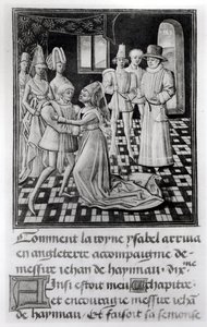 Frk. 1 fol. 6 v Isabella av Frankrike, dronning av England, tar avskjed med William I, greve av Hainaut, fra Froissarts Chronicle av French School
