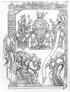 Ms 210 fol 19v. Cartulary of Mont Saint-Michel: Hertug Richard II av Normandie gir en gave av landområder og privilegier til klosteret Mont St. Michel, (gravering etter en tegning fra 1150-tallet) av French School