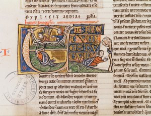 Ms 21 Fol.163v Historikert initial E som viser Jonas som blir kastet i havet, fra en uspesifisert bibel