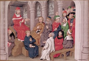Ms 230 fol.25 Jean de Gerson (1363-1429) forkynner lidenskapen etter middag i St. Bernard-kirken, Paris, fra Sermons sur la Passion et Traites Divers, ca. 1480 av French School