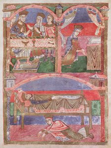 Ms 250 f.24r St. Radegund (518-87) ved bordet til Clothar I (497-561), i hennes oratorium og ved føttene til den kongelige seng, fra St. Radegunds liv av French School