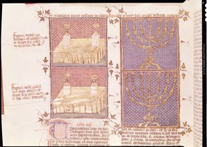 Ms 290 Tome 1 f.89v Tabell over offergaver og menorahen, fra Postilles sur la Bible av Nicolas de Lyre