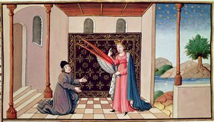 Ms 3045 fol.68v Lady Philosophy tilbyr Boethius vingene som vil gjøre hans sinn i stand til å fly til værs av French School