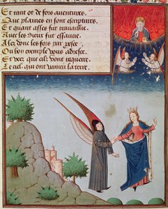 Ms 3045 fol.94r Lady Philosophy fører Boethius i flukt til himmelen på vingene som hun har gitt ham; Gud Faderen ser på i velsignelse av French School