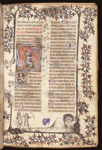 Ms 306 f.27r kong David sittende slår en klokke med fem bjeller, fra et brev, Use of Paris, 1400 av French School