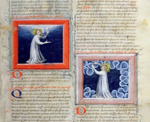 Ms 313 Gud som skiller lyset fra mørket (til venstre) og skaper himmelhvelvingen (til høyre), fra Bible des Grands Augustins, 1494