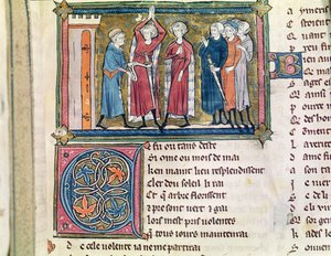 Ms 3142 fol.179 Bevæpning av en ridder, fra Recueil de Poesies Francaises, ca. 1280-90 av French School