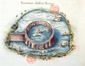 Ms 3242 The Baths of Bourbon-Lancy, illustrasjon fra Generale Description du Bourbonnais av Nicolas de Nicolay, 1569 (wc på papir) av French School