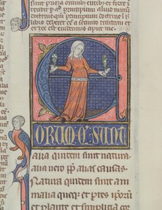Ms 3469 Historikert initial E med en representasjon av naturen, fra fysikken av Aristoteles (384–322 f.Kr.) (penn, blekk og tempera på vellum) av French School