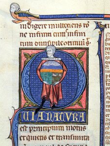Ms 3469 Philosopher holder en globus med de fire elementene, fra Physics av Aristoteles (384-322 f.Kr.) (penn, blekk og tempera på vellum) av French School