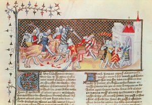Ms 3479 t.1 fol.558 Scene med riddere som kjemper, fra Livre de Messire Lancelot du Lac av French School