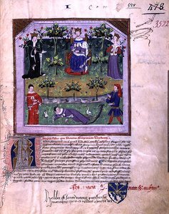 Ms 3522 fol.1 Forfatteren som later som han sover er vitne til en krangel mellom en ridder og en biskop, fra 